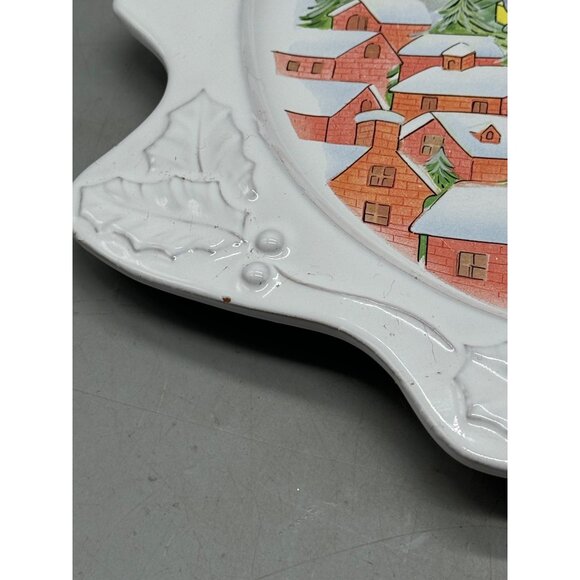 12"Vintage Christmas Santa & Village Ceramic Plate Decorative Holly Design READ - Picture 3 of 13